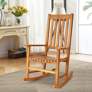 This rocking chair is constructed of premium acacia wood  which is corrosion-resistant and durable to support your long-term use. Â  Designed with contoured slatted seat  high back and widened armrest  the chair will give you comfortable sitting feeling t
