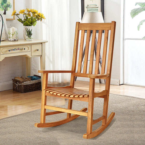This rocking chair is constructed of premium acacia wood  which is corrosion-resistant and durable to support your long-term use. Â  Designed with contoured slatted seat  high back and widened armrest  the chair will give you comfortable sitting feeling t