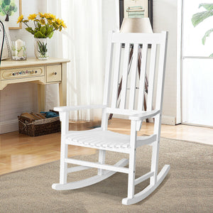 This rocking chair is constructed of premium acacia wood  which is corrosion-resistant and durable to support your long-term use. Â  Designed with contoured slatted seat  high back and widened armrest  the chair will give you comfortable sitting feeling t