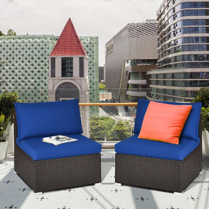 Power coated and solid steel frame adds sturdiness<br>Tight and hand-woven rattan to withstand change of weather<br>Two of the armless chairs can be used separately<br>Aluminum foot pads protect bottom rattan from scratching<br>Can be added to the same st