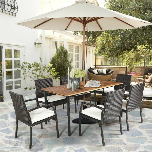 PE wicker and powder-coated steel frame ensure weather resistance<br>High-quality acacia wood enhances the sturdiness<br>Plastic foot pads protect the floor from scratches<br>Spacious table and 6 seats can fully meet the needs<br>Ergonomic armchair with b