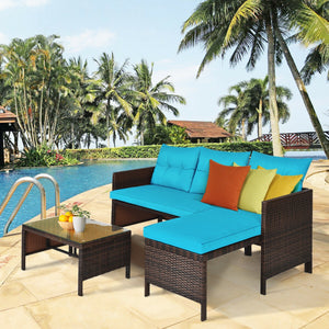 Outdoor sectional sofa  available for 3-4 friends comfortably with a glass table to hold food and drinks <br>Premium transparent tempered glass top  securely placed on the sturdy wicker table  more convenient to clean <br>L-shape design fits any corner of