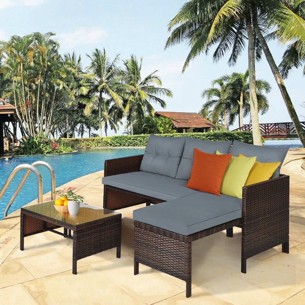 Outdoor sectional sofa  available for 3-4 friends comfortably with a glass table to hold food and drinks <br>Premium transparent tempered glass top  securely placed on the sturdy wicker table  more convenient to clean <br>L-shape design fits any corner of