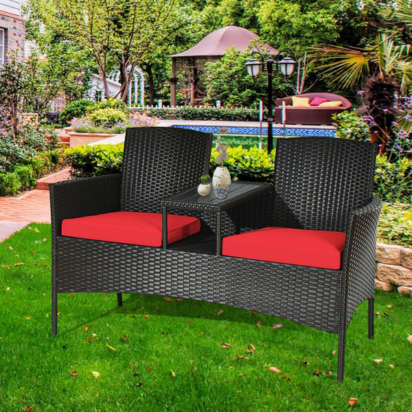 Made of high quality rattan with strong built-in frame structure<br>Poly table top is durable and safe to use<br>Trapezoid coffee table between two seats is practical<br>Cozy thick cushions double your comfy<br>The cushion cover with zipper is removable a