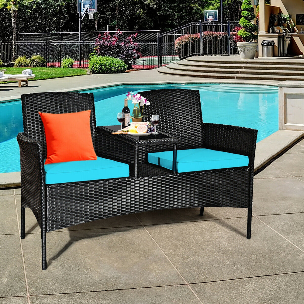 Rugged steel frame is durable and sturdy<br>High-quality rattan is weather-resistant and fade-resistant<br>Tempered glass table top is fixed by powerful suckers<br>Soft seat cushions is filled with high-density sponge<br>The zippered cover is removable an