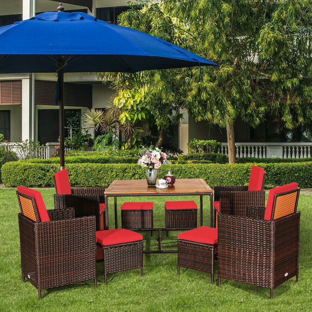 Made of PE wicker and sturdy steel frame ensuring weather resistance<br>Acacia wood tabletop makes sure the sturdiness and durability<br>Suitable for outdoor use with umbrella hole design<br>Cushioned seats with wide backrest bring you a comfortable exper