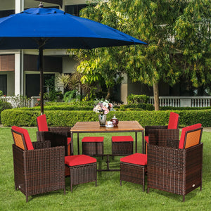 Made of PE wicker and sturdy steel frame ensuring weather resistance<br>Acacia wood tabletop makes sure the sturdiness and durability<br>Suitable for outdoor use with umbrella hole design<br>Cushioned seats with wide backrest bring you a comfortable exper