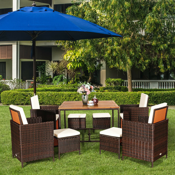 Made of PE wicker and sturdy steel frame ensuring weather resistance<br>Acacia wood tabletop makes sure the sturdiness and durability<br>Suitable for outdoor use with umbrella hole design<br>Cushioned seats with wide backrest bring you a comfortable exper