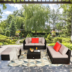 Package includes 2 Corner sofas 2 Armless sofas 1 Ottoman 1 Tempered glass table 5 Seat cushions 6 Back cushions and 1 User guide<br>Sturdy and solid steel frame ensures the sturdiness of the set<br>Tight and hand-woven rattan wraps the steel frame<br>Thi