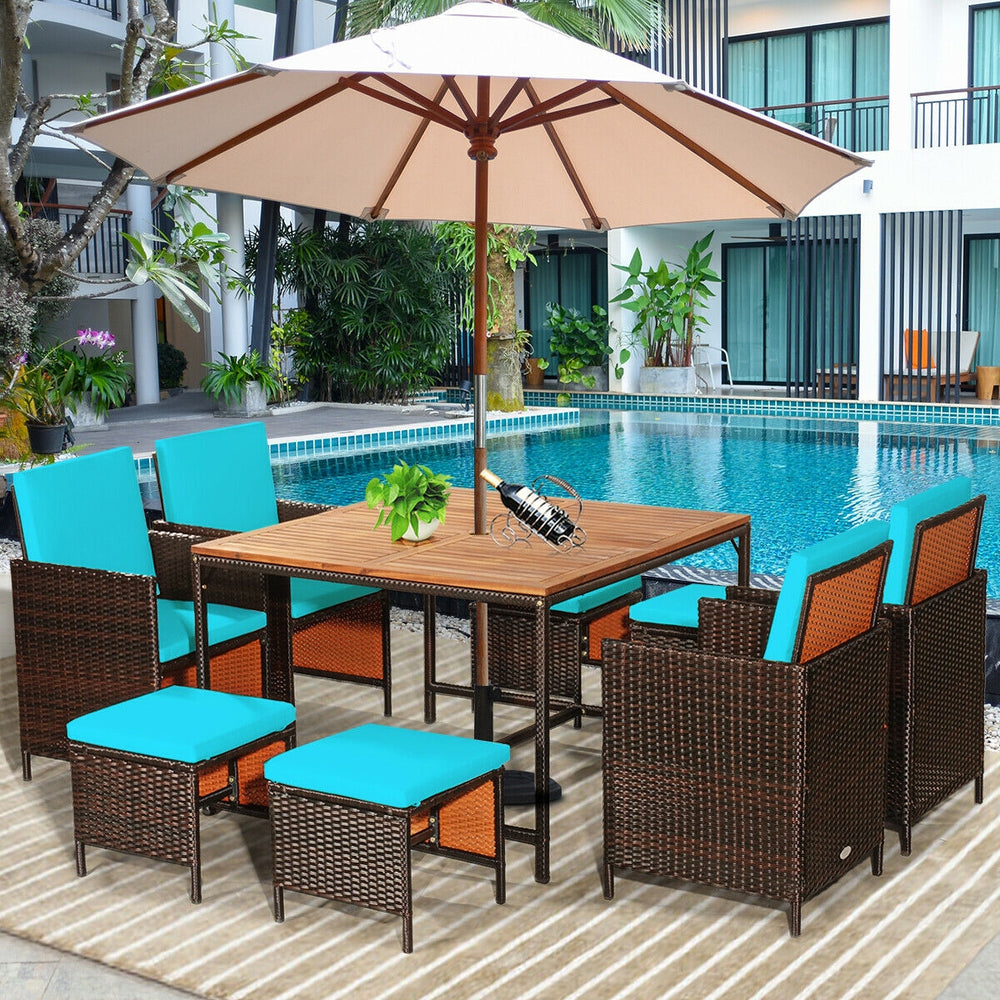 Made of PE wicker and sturdy steel frame ensuring weather resistance<br>Acacia wood tabletop makes sure the sturdiness and durability<br>Suitable for outdoor use with umbrella hole design<br>Cushioned seats with wide backrest bring you a comfortable exper
