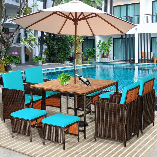 Made of PE wicker and sturdy steel frame ensuring weather resistance<br>Acacia wood tabletop makes sure the sturdiness and durability<br>Suitable for outdoor use with umbrella hole design<br>Cushioned seats with wide backrest bring you a comfortable exper