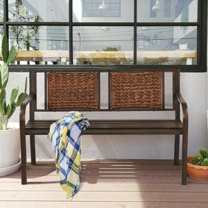 Enjoy your comfortable outdoor time with your friends or family members with this patio garden bench. Â  It is made of all weather PE rattan and powder coated steel frame  which ensure the durability and sturdiness for long servicing life. Meanwhile  the 