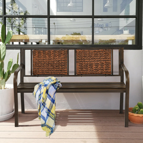 Enjoy your comfortable outdoor time with your friends or family members with this patio garden bench. Â  It is made of all weather PE rattan and powder coated steel frame  which ensure the durability and sturdiness for long servicing life. Meanwhile  the 