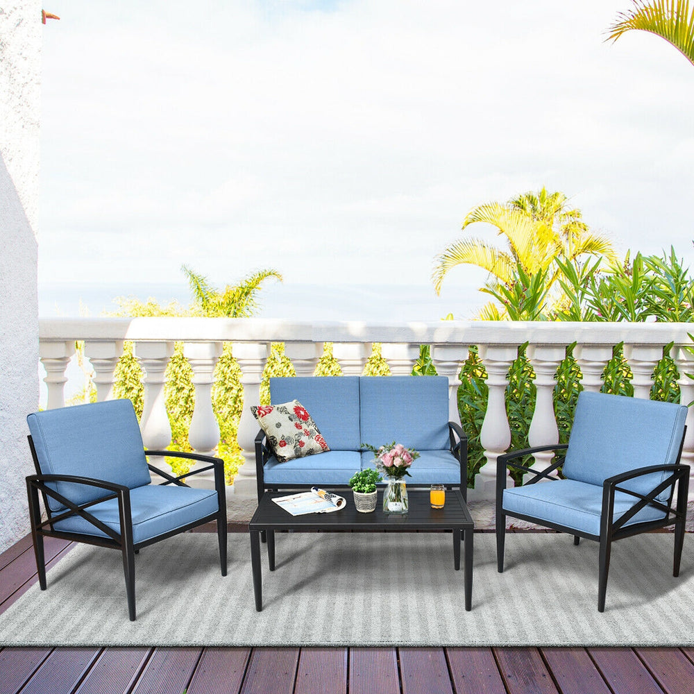 Have an intimate lounge time with this outdoor sofa set! Â  The patio sofa set is made up of 1 side table  2 single sofas and 1 loveseat with ample resting room. Each seat is cushioned with high density sponge covering with breathable and soft fabric. And