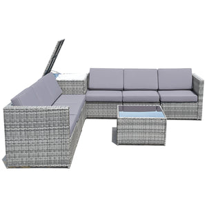 Including 6 sofas  1 storage box  1 coffee table  6 seat cushions and 6 back cushions <br>Sturdy iron frame and premium rattan for better durability <br>Large load-bearing capacity-- 360 lbs for each sofa and 110 lbs for coffee table <br>A storage box as 