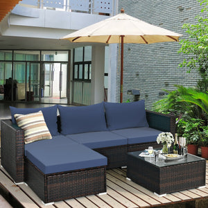 Package includes: 2 Corner chairs  1 Armless chair  1 Ottoman  1 Coffee table  4 Seat cushions  3 Back cushions  1 Instruction <br>Power-coated and solid steel frame adds sturdiness to the set <br>Tight and hand-woven rattan wraps the steel frame <br>Spac