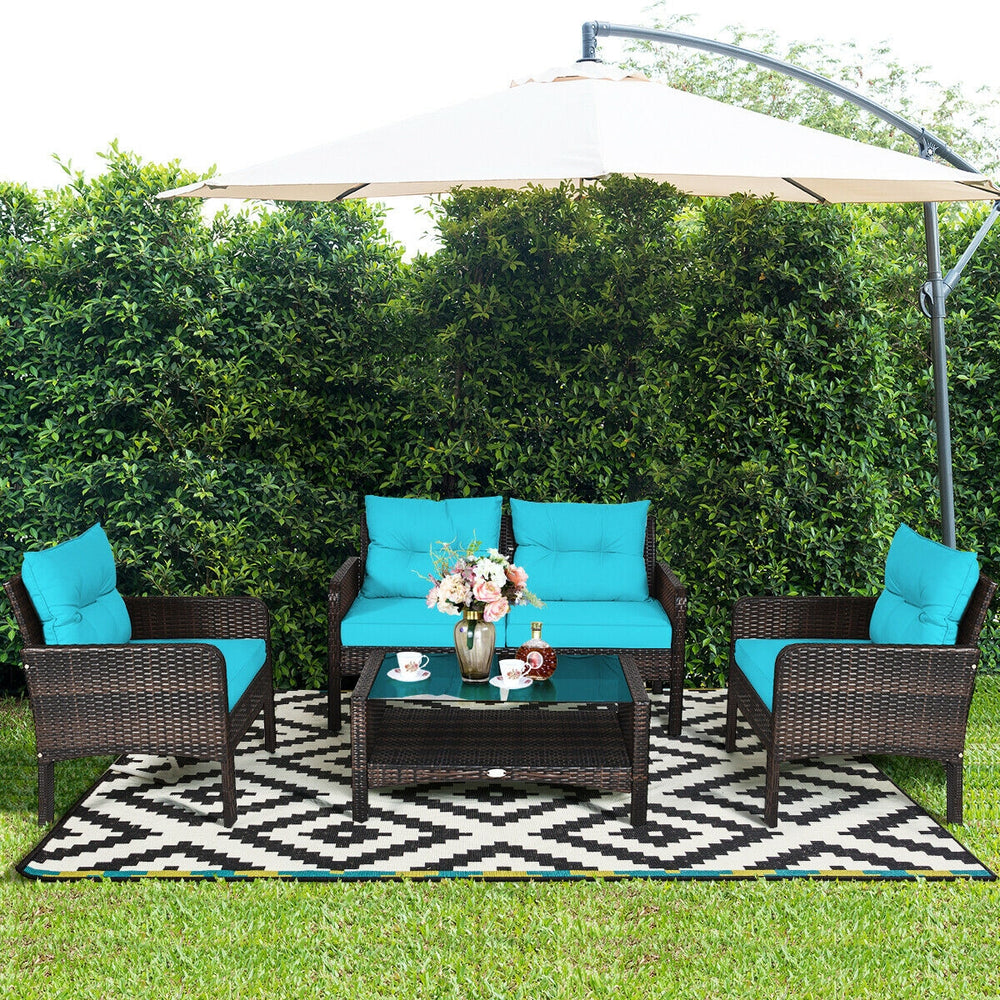 The rugged frame ensures sturdiness and stableness<br>Functional and beautiful design perfect for garden  backyard  and balcony<br>Rattan coffee table with tempered glass top and large storage space<br>Thick and comfortable cushions with removable cover<b