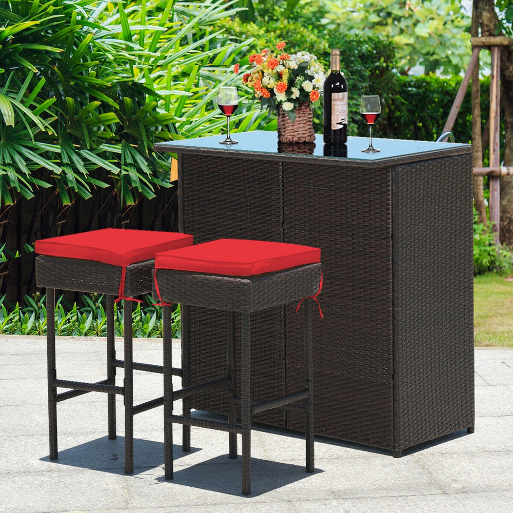 Strong metal frame and wrapped with rattan wicker<br>Including 2 stools and 1 table<br>Special design of the shelve for storage<br>Tempered glass top with good heat-durability<br>Soft and thick cushion provides comfortable sitting experience<br>Zippered c