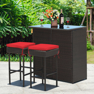 Strong metal frame and wrapped with rattan wicker<br>Including 2 stools and 1 table<br>Special design of the shelve for storage<br>Tempered glass top with good heat-durability<br>Soft and thick cushion provides comfortable sitting experience<br>Zippered c