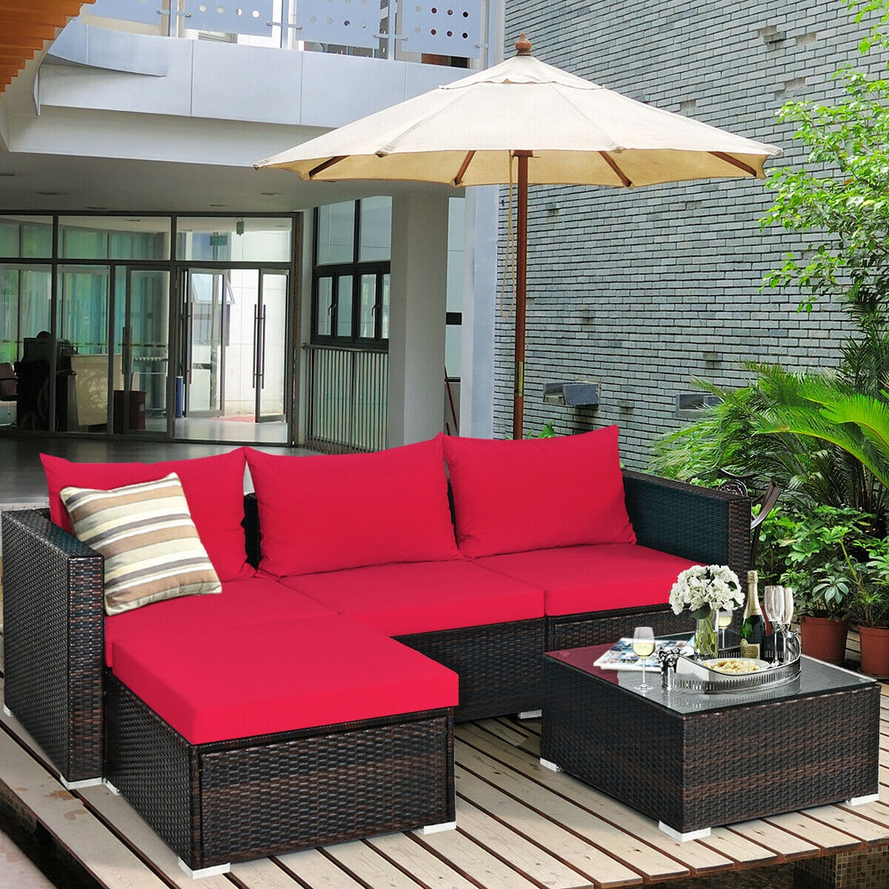 Package includes: 2 Corner chairs  1 Armless chair  1 Ottoman  1 Coffee table  4 Seat cushions  3 Back cushions  1 Instruction <br>Power-coated and solid steel frame adds sturdiness to the set <br>Tight and hand-woven rattan wraps the steel frame <br>Spac