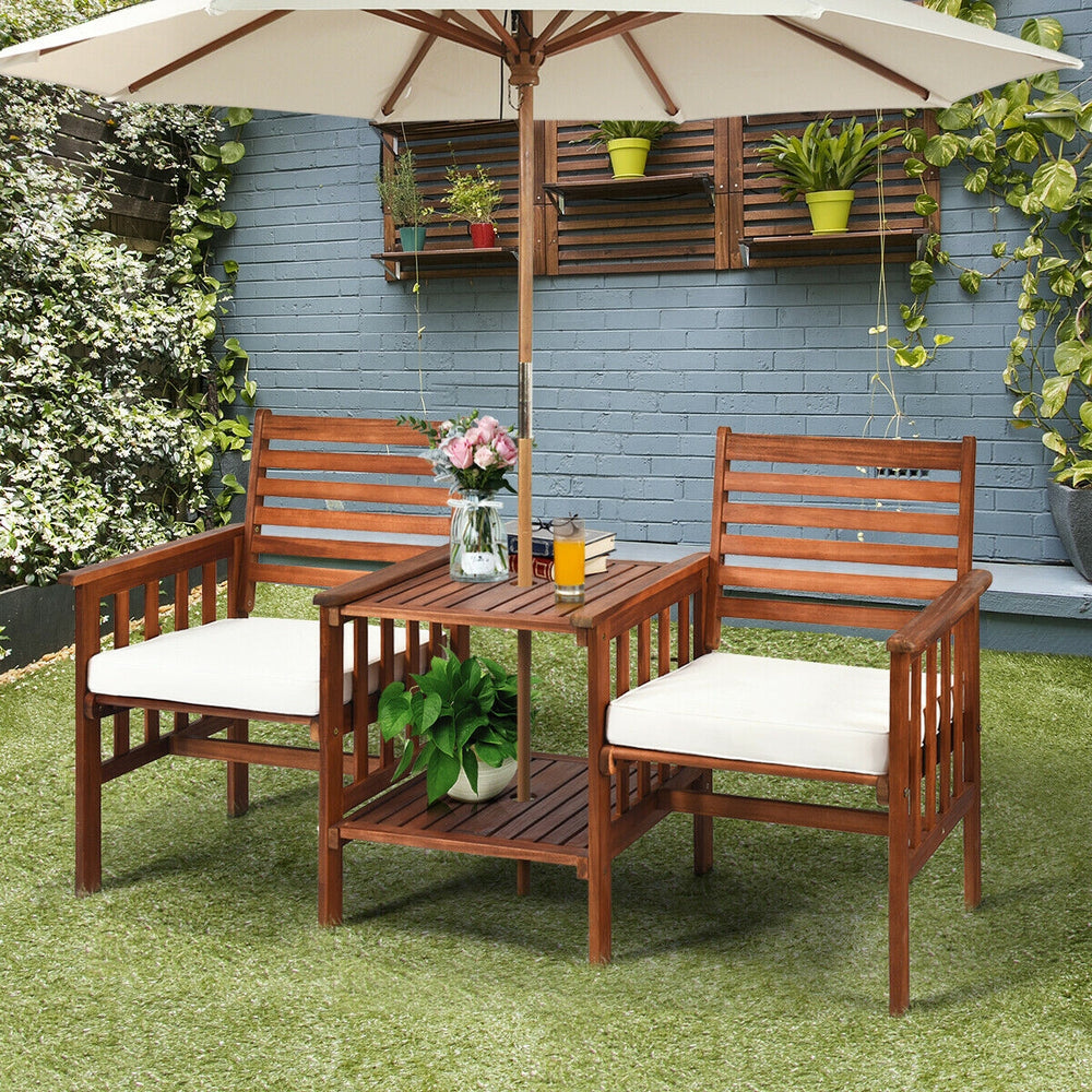 The functional loveseat brings color and pleasure to your outdoor space. Â  Made of premium acacia wood  this set has sturdy and durable construction. Paired with soft sponge cushions and high backrests  this conversation set provides upgraded comfort for