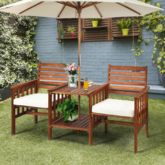 The functional loveseat brings color and pleasure to your outdoor space. Â  Made of premium acacia wood  this set has sturdy and durable construction. Paired with soft sponge cushions and high backrests  this conversation set provides upgraded comfort for