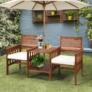The functional loveseat brings color and pleasure to your outdoor space. Â  Made of premium acacia wood  this set has sturdy and durable construction. Paired with soft sponge cushions and high backrests  this conversation set provides upgraded comfort for