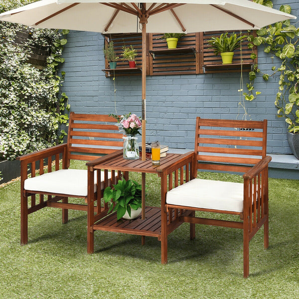 The functional loveseat brings color and pleasure to your outdoor space. Â  Made of premium acacia wood  this set has sturdy and durable construction. Paired with soft sponge cushions and high backrests  this conversation set provides upgraded comfort for