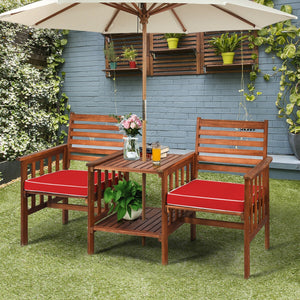 The functional loveseat brings color and pleasure to your outdoor space. Â  Made of premium acacia wood  this set has sturdy and durable construction. Paired with soft sponge cushions and high backrests  this conversation set provides upgraded comfort for