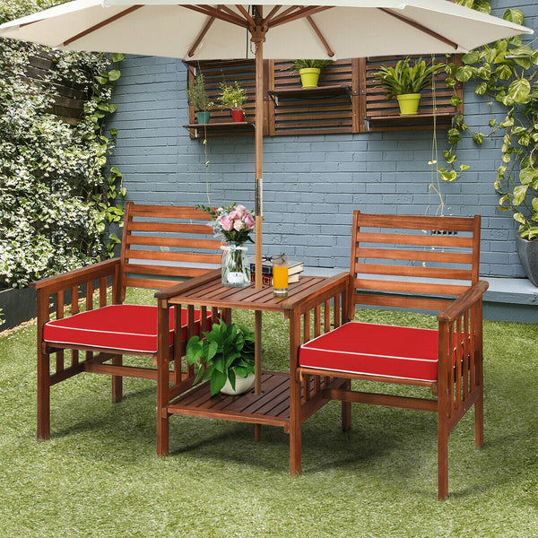 The functional loveseat brings color and pleasure to your outdoor space. Â  Made of premium acacia wood  this set has sturdy and durable construction. Paired with soft sponge cushions and high backrests  this conversation set provides upgraded comfort for