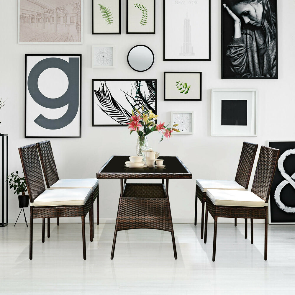 High-quality steel materials can ensure to last<br>Durable and weather-resistant PE rattan provides a long service life<br>The dining table with a tempered glass top provides spacious dining space<br>The cushions with hook and loop fasteners make you feel