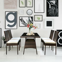 High-quality steel materials can ensure to last<br>Durable and weather-resistant PE rattan provides a long service life<br>The dining table with a tempered glass top provides spacious dining space<br>The cushions with hook and loop fasteners make you feel