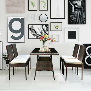 High-quality steel materials can ensure to last<br>Durable and weather-resistant PE rattan provides a long service life<br>The dining table with a tempered glass top provides spacious dining space<br>The cushions with hook and loop fasteners make you feel