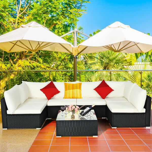 Free combination of sectional sofa as per your needs<br>Solid structure with L shape aluminum feet<br>Exquisite PE wicker frame adds unique charm<br>Comfortable sofa set with thick cushions and soft pillows<br>The cover of seat cushion is removable and wa