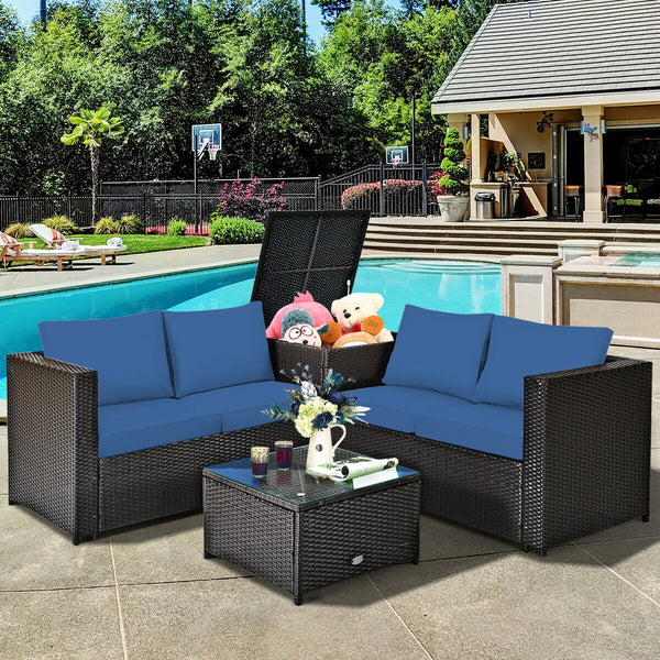 Made of rattan with good toughness and weather-resistant function<br>Reinforced steel frame with excellent stability<br>Padded seat and back cushions for soft and comfortable sitting feeling<br>Coffee table with tempered glass for strong supporting<br>End