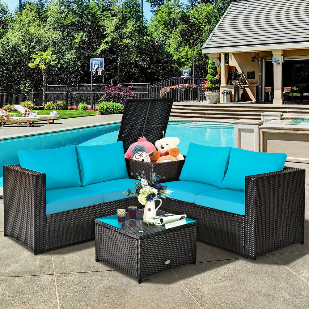 Made of rattan with good toughness and weather-resistant function<br>Reinforced steel frame with excellent stability<br>Padded seat and back cushions for soft and comfortable sitting feeling<br>Coffee table with tempered glass for strong supporting<br>End