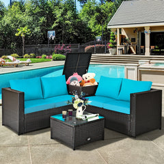 Made of rattan with good toughness and weather-resistant function<br>Reinforced steel frame with excellent stability<br>Padded seat and back cushions for soft and comfortable sitting feeling<br>Coffee table with tempered glass for strong supporting<br>End