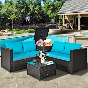 Made of rattan with good toughness and weather-resistant function<br>Reinforced steel frame with excellent stability<br>Padded seat and back cushions for soft and comfortable sitting feeling<br>Coffee table with tempered glass for strong supporting<br>End