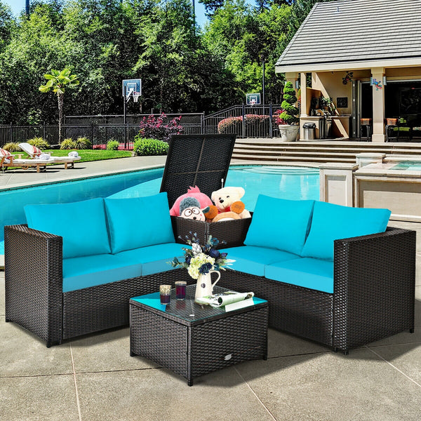 Made of rattan with good toughness and weather-resistant function<br>Reinforced steel frame with excellent stability<br>Padded seat and back cushions for soft and comfortable sitting feeling<br>Coffee table with tempered glass for strong supporting<br>End
