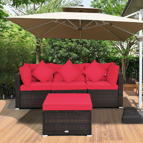 Includes 2 corner sofas  1armless table and 1 ottoman for versatile use<br>Sturdy powder-coated steel frame provides strong durability and stability<br>All-weather and wear-resistant PE rattan provides a long service life<br>Thick and soft sponge padded c