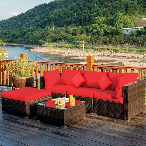 Including 1 armless sofa  2 corner sofas  1 ottoman  and 1 coffee table for a versatile use<br>Sturdy steel frame and durable PE rattan for long time use<br>4'' thick cushions to provide extraordinary comfort<br>Equipped with 2 extra soft pillows for bett
