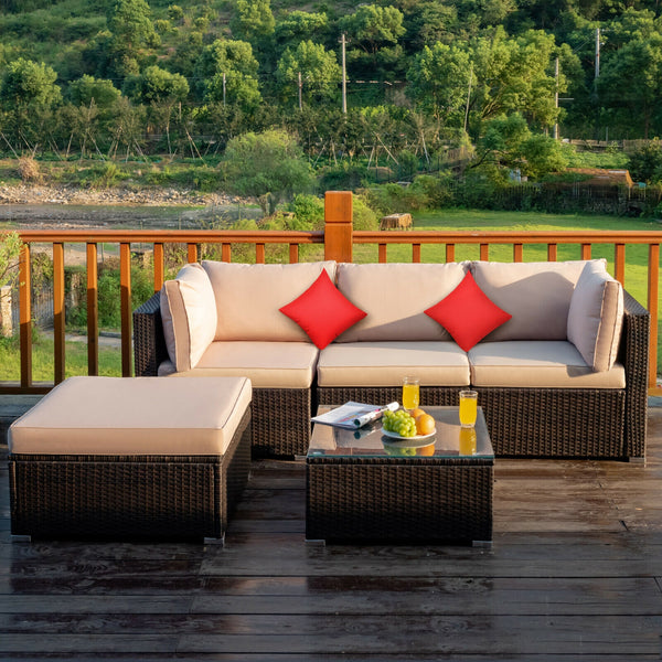 Including 1 armless sofa  2 corner sofas  1 ottoman  and 1 coffee table for a versatile use<br>Sturdy steel frame and durable PE rattan for long time use<br>4'' thick cushions to provide extraordinary comfort<br>Equipped with 2 extra soft pillows for bett