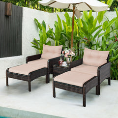 Includes 2 single chairs  2 ottomans and a side table<br>Heavy-duty metal frame with great sturdiness<br>All-weather PE rattan durable for outdoor use<br>Long-lasting tempered glass table smooth for wiping<br>3" thick cushions for excellent softness<br>Re