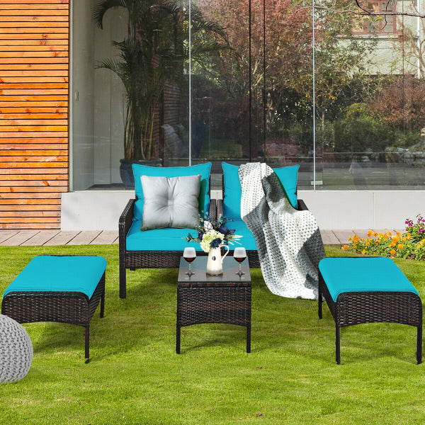 Includes 2 single chairs  2 ottomans and a side table<br>Heavy-duty metal frame with great sturdiness<br>All-weather PE rattan durable for outdoor use<br>Long-lasting tempered glass table smooth for wiping<br>3" thick cushions for excellent softness<br>Re