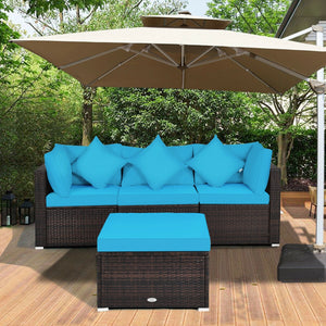 Includes 2 corner sofas  1armless table and 1 ottoman for versatile use<br>Sturdy powder-coated steel frame provides strong durability and stability<br>All-weather and wear-resistant PE rattan provides a long service life<br>Thick and soft sponge padded c
