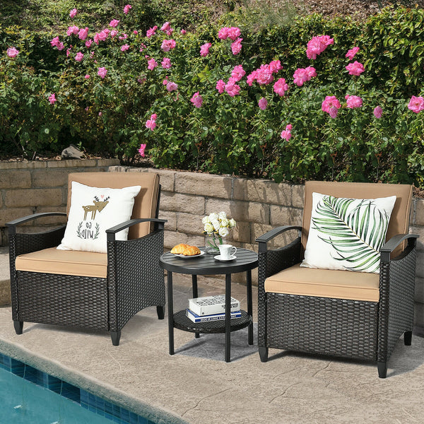 It is made of high-quality rattan material and a heavy-duty steel frame  which is solid and durable for outdoor use.  Anti-skid mats at the bottom ensure the overall stability and protect the floor. And the rust-resistant tabletop is easy to clean and the