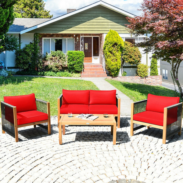 Solid and hard wooden frame enhances sturdiness of the set. <br>Rearrangeable in various configurations to meet your varying needs <br>Thick and soft cushions provide an excellent comfort. <br>Elegant and tight nylon rope decorated armrest. <br>Zipper int