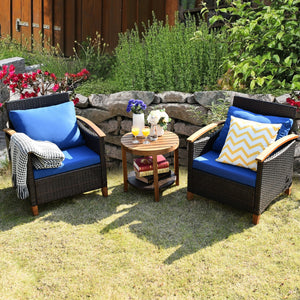 Made of tightly woven all-weather rattan to ensure durability<br>Acacia wood frame and thickened legs provide powerful support<br>The space-saving table can be used as an end table  side table  or coffee table<br>Thick cushions filled with premium sponge 