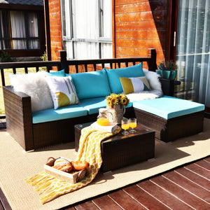 Package includes: 2 Corner chairs  1 Armless chair  1 Ottoman  1 Coffee table  4 Seat cushions  3 Back cushions  1 Instruction <br>Power-coated and solid steel frame adds sturdiness to the set <br>Tight and hand-woven rattan wraps the steel frame <br>Spac
