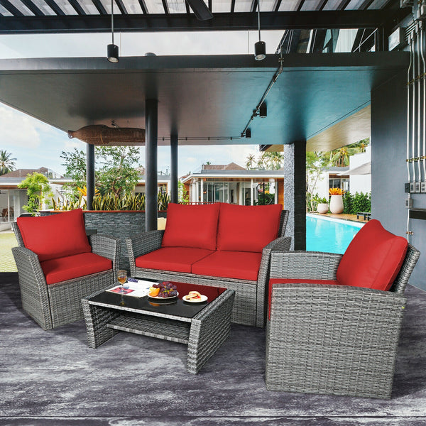 Includes 2 armchairs  1 loveseat and 1 coffee table for versatile use<br>Sturdy power coated steel frame provides strong durability and stability<br>Thick tempered glass tabletop to hold your drinks  meals and more<br>Coffee table with a spacious shelf pr
